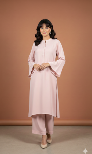 coral button front suit with cream ombre dupatta