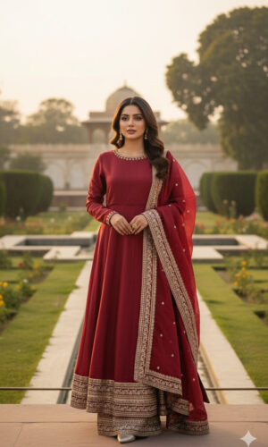 maroon gold bordered anarkali gown