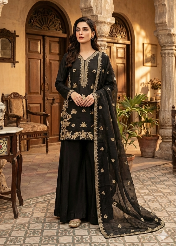 Black gold-embroidered sharara three-piece