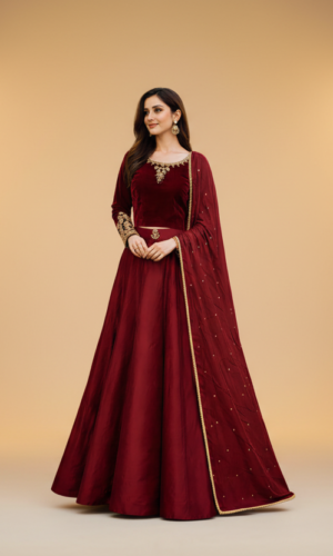maroon velvet gold button festive three piece