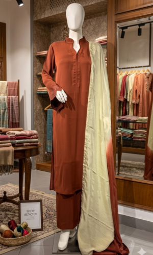 coral button front suit with cream ombre dupatta