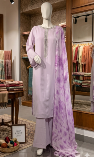 coral button front suit with cream ombre dupatta