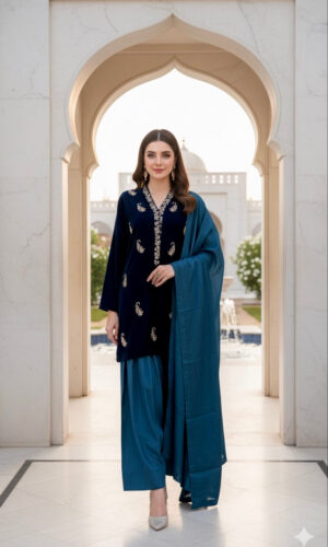 maroon velvet gold button festive three piece