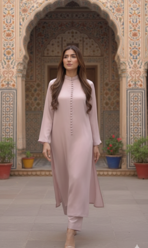 mauve pink button front long kurta set