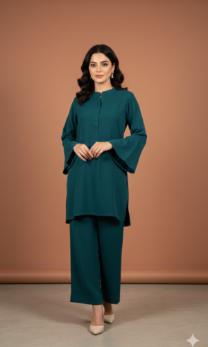 teal green bell sleeve two piece