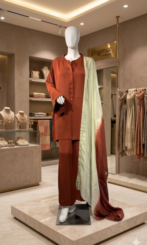 coral button front suit with cream ombre dupatta