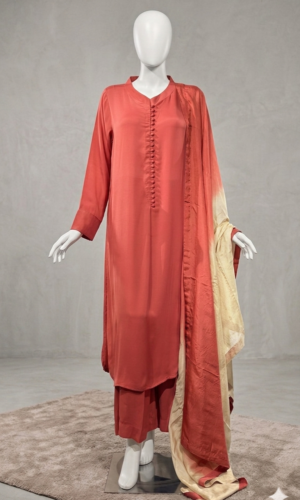 coral button front suit with cream ombre dupatta