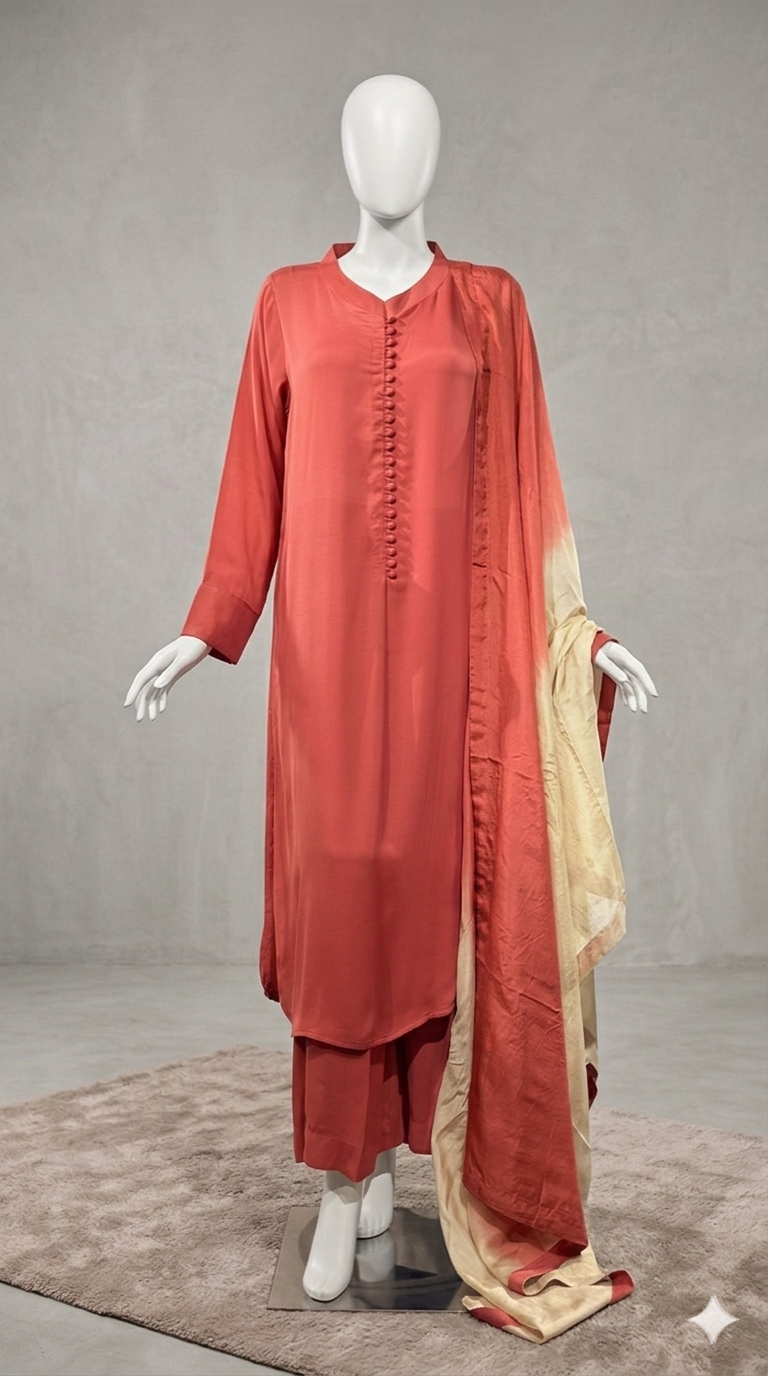 coral button front suit with cream ombre dupatta coral button front suit with cream ombre dupatta