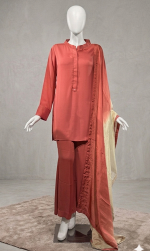 coral button front suit with cream ombre dupatta
