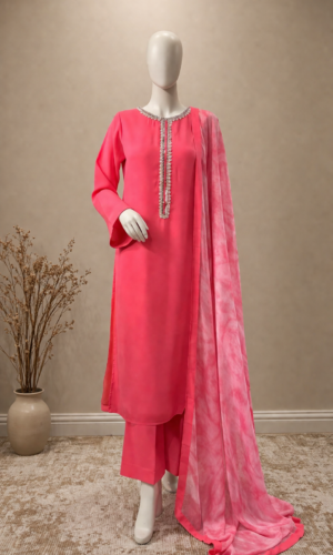 coral button front suit with cream ombre dupatta
