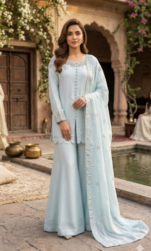aqua mist embroidered sharara set
