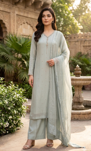 aqua mist embroidered sharara set