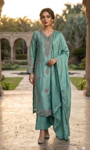 aqua mist embroidered sharara set
