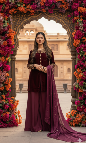 maroon velvet gold button festive three piece
