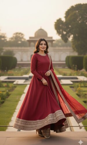 maroon gold bordered anarkali gown
