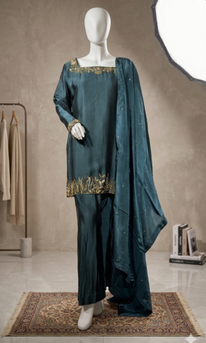 deep teal gold embroidered three piece