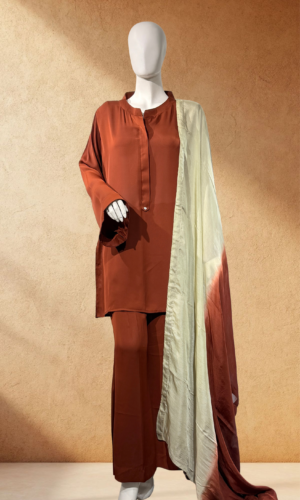 rust three piece with ombre dupatta