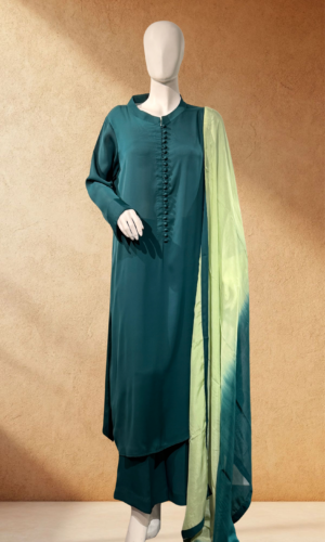 bottle green button kurta with ombre dupatta