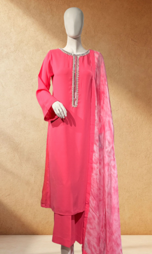 fuchsia pink embellished suit with tie dye dupatta