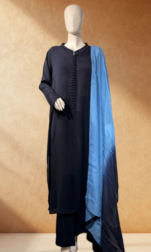 navy button down suit with blue ombre dupatta