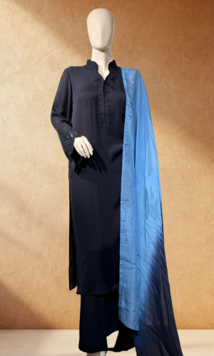 navy blue embroidered sleeve suit with blue dupatta