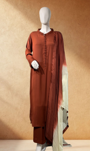 coral button front suit with cream ombre dupatta copy