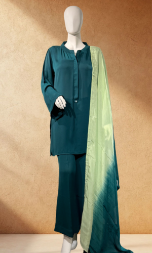 emerald green satin two piece with ombre dupatta