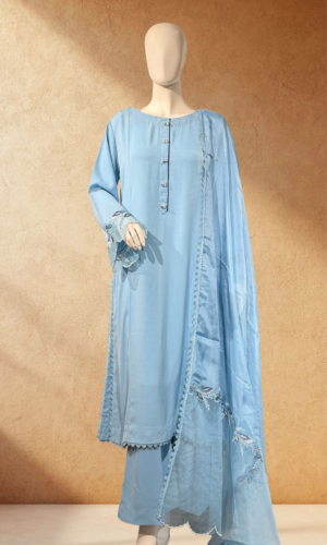 sky blue embroidered three piece