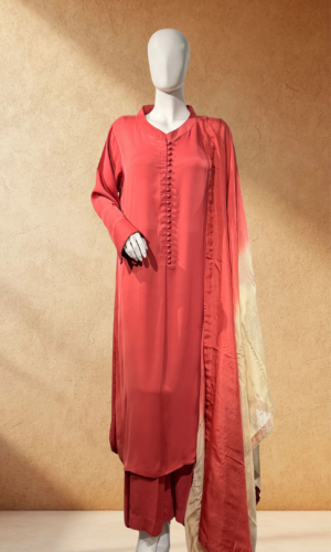coral button front suit with cream ombre dupatta