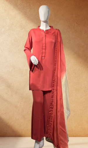 terracotta mandarin collar suit with ombre dupatta