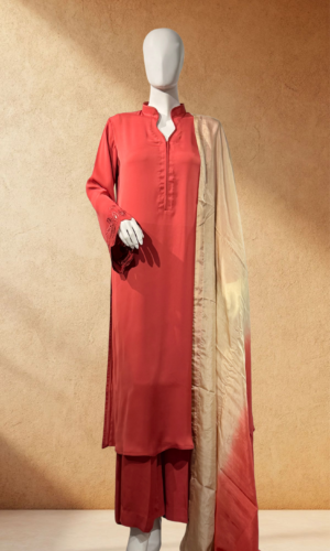 coral ombré embroidered sleeve three piece
