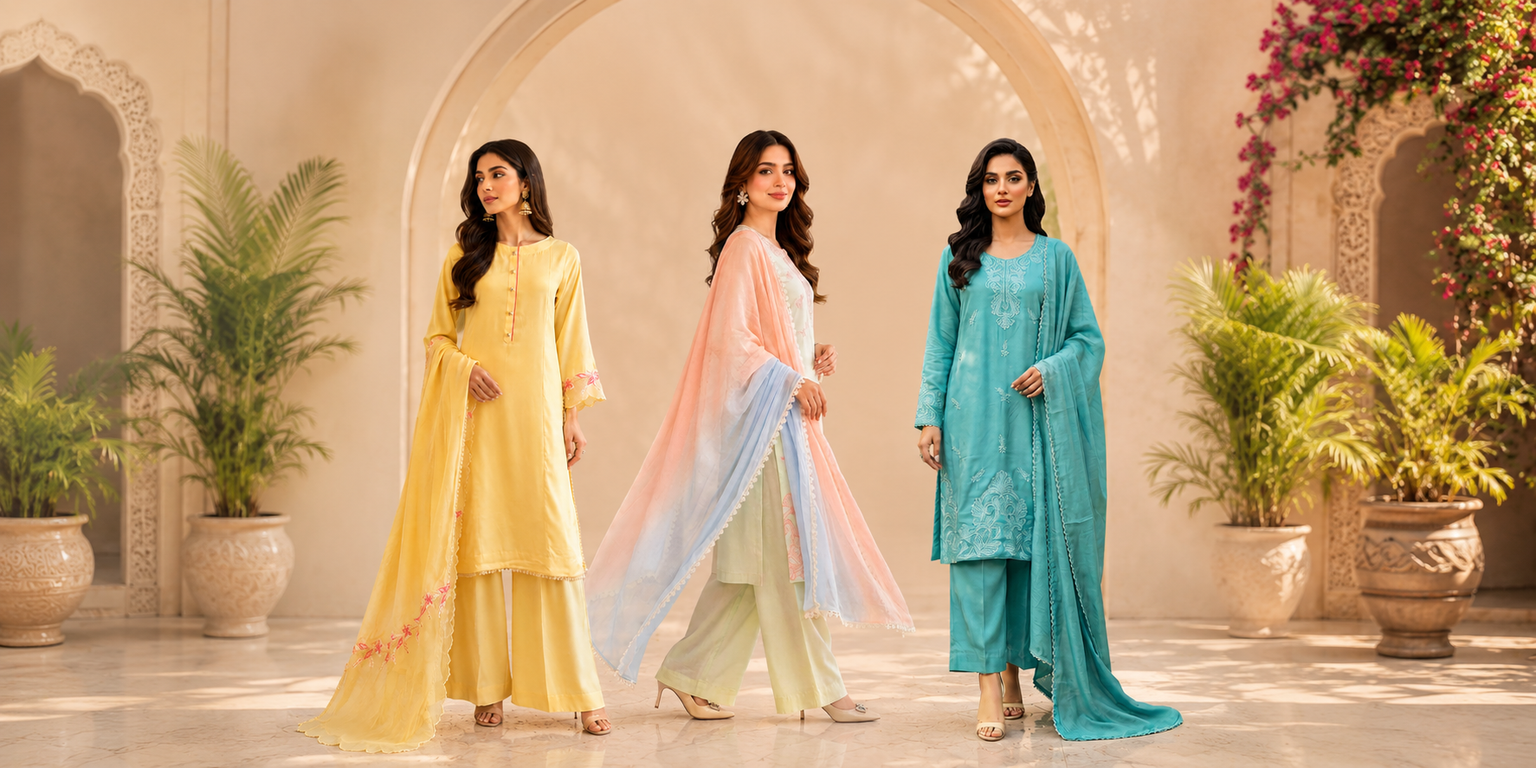 Three women wearing Reena Sultan pastel embroidered suits
